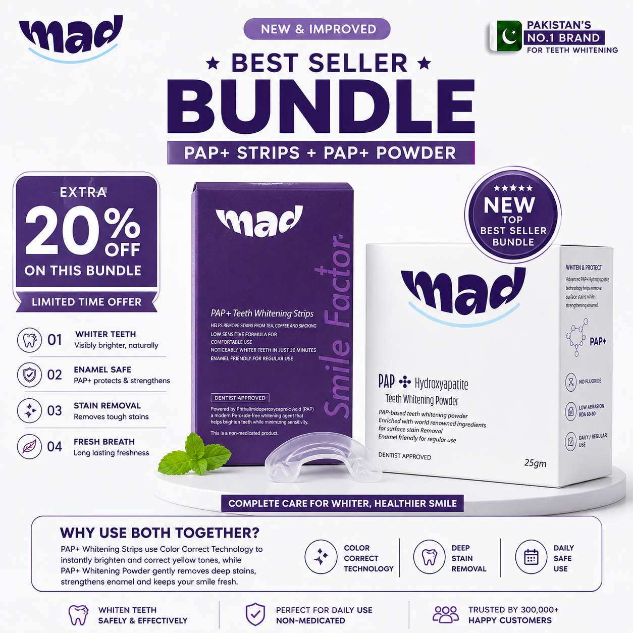 MAD PAP+ Purple Teeth Whitening Strips + PAP+ Whitening Powder – Extra 20% OFF