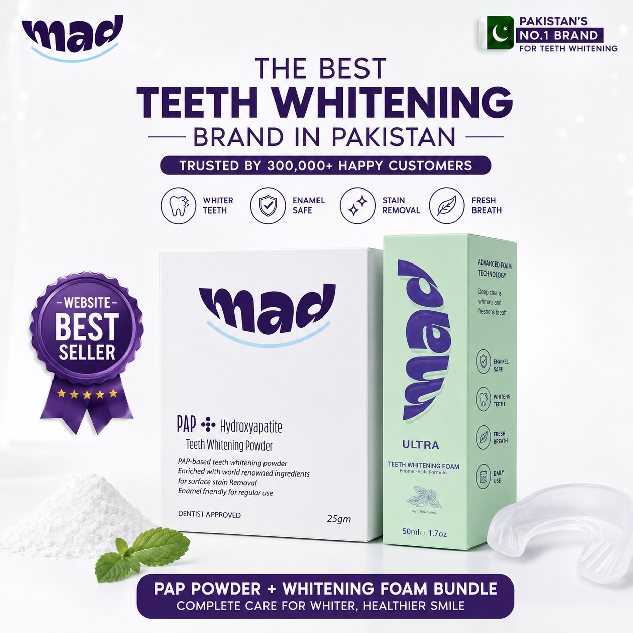 MAD Teeth Whitening Foam + MAD PAP+ Teeth Whitening Powder (Best Seller)