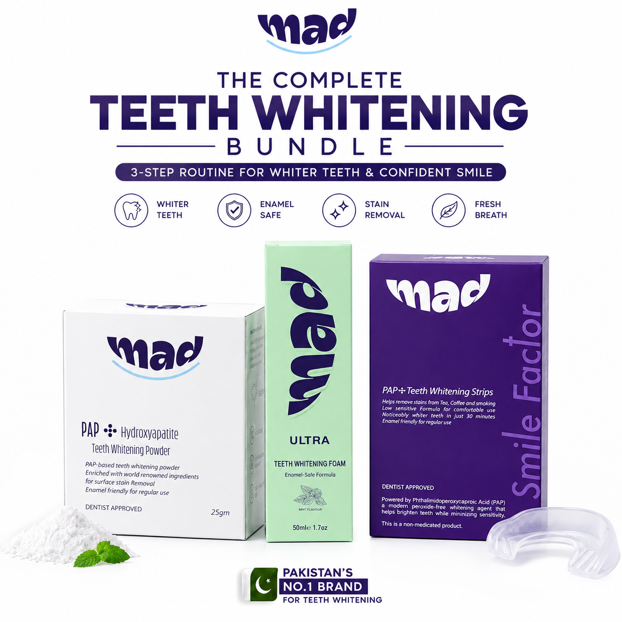 MAD Dental Purple Strips + MAD Whitening Foam AND PAP+  Whitening Powder (3 Lac+ Orders Dispatched 🏆)