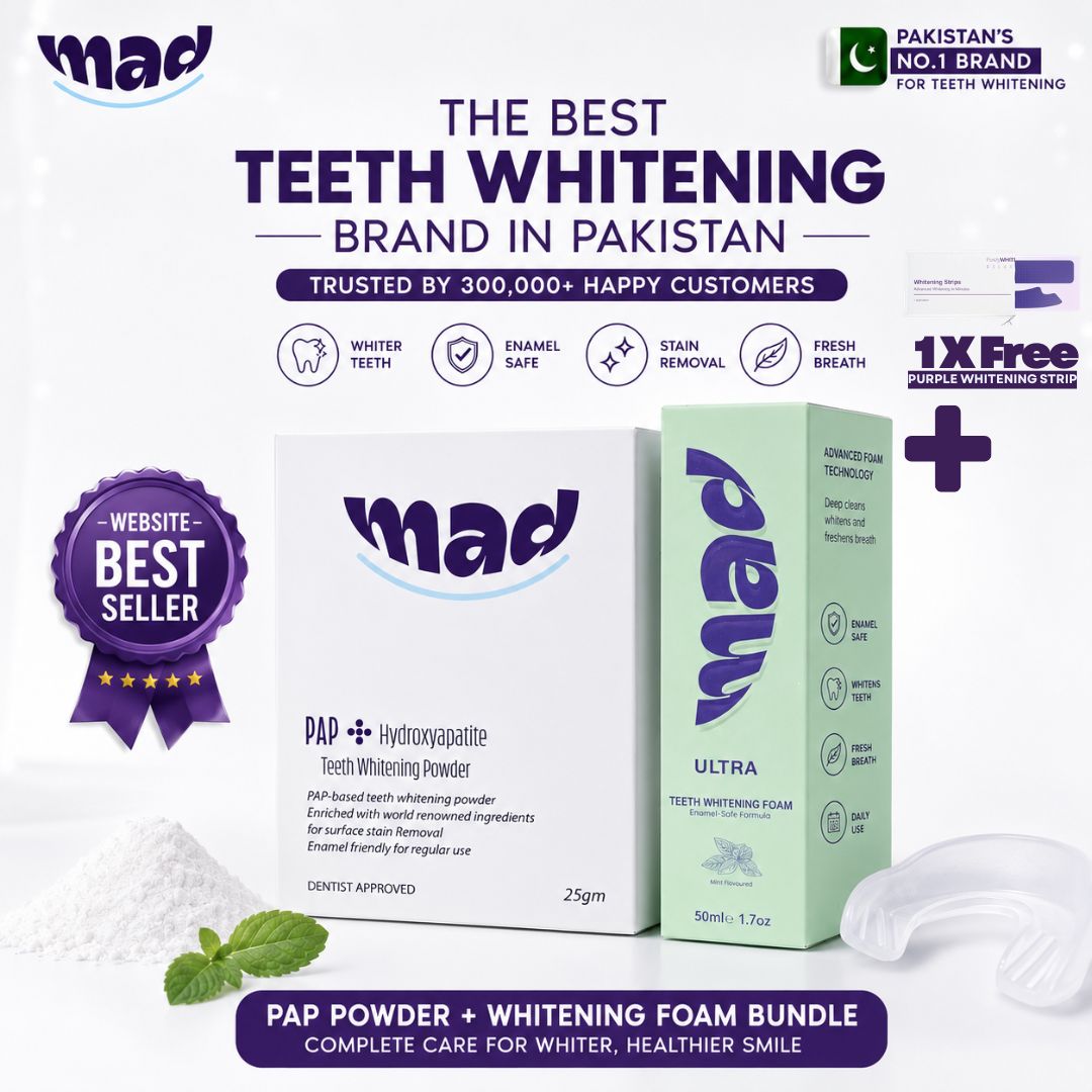 MAD PAP+ Teeth Whitening Powder and Whitening Foam + FREE 1X PURPLE STRIP (Best Seller)